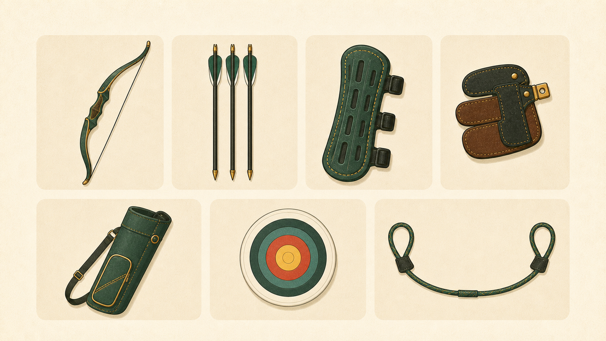 A tidy grid of essential archery equipment.