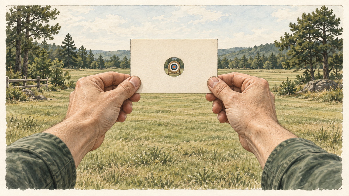 First-person illustration of hands holding a card with a small hole centred on a distant target.