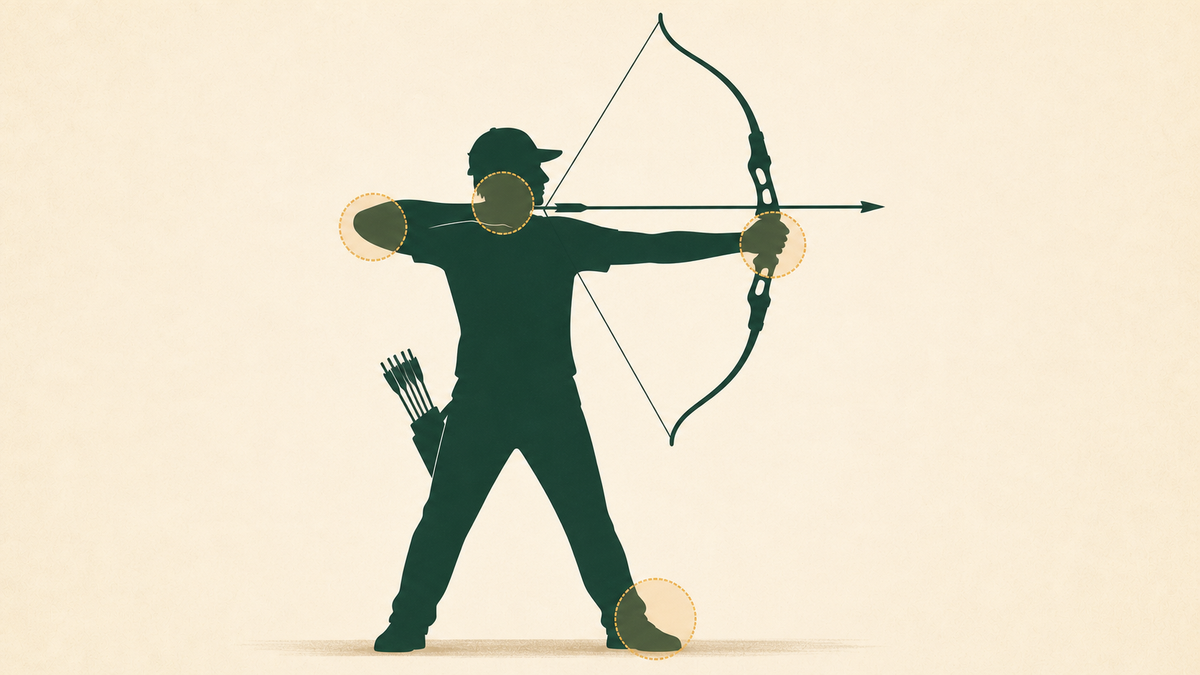 An archer silhouette at full draw with form check zones marked.