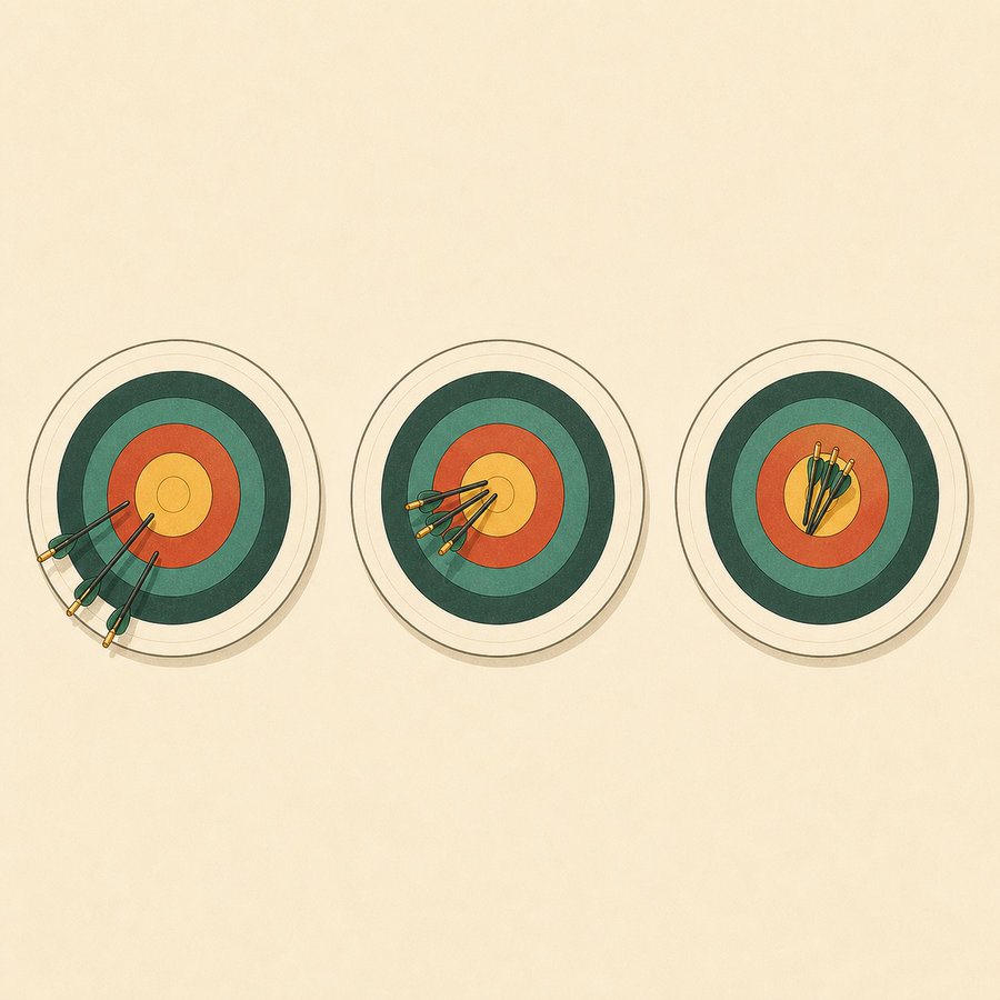 Three targets showing arrow groups tightening over time.