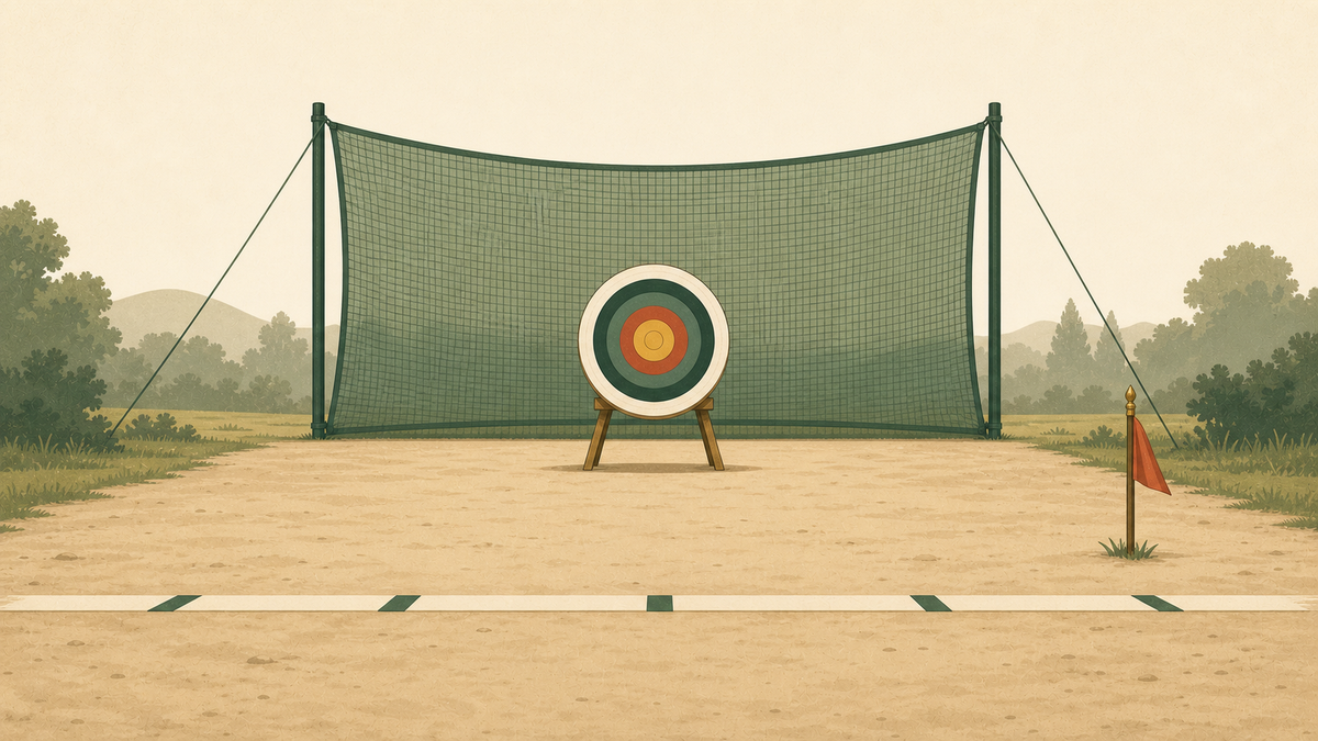 An archery range with a target, backstop and safety flag.