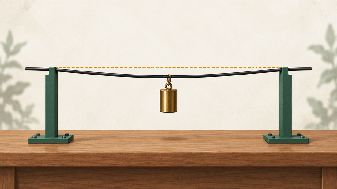 An arrow shaft resting on two supports with a weight hanging from its center, bending below a dashed line that marks its unloaded position.