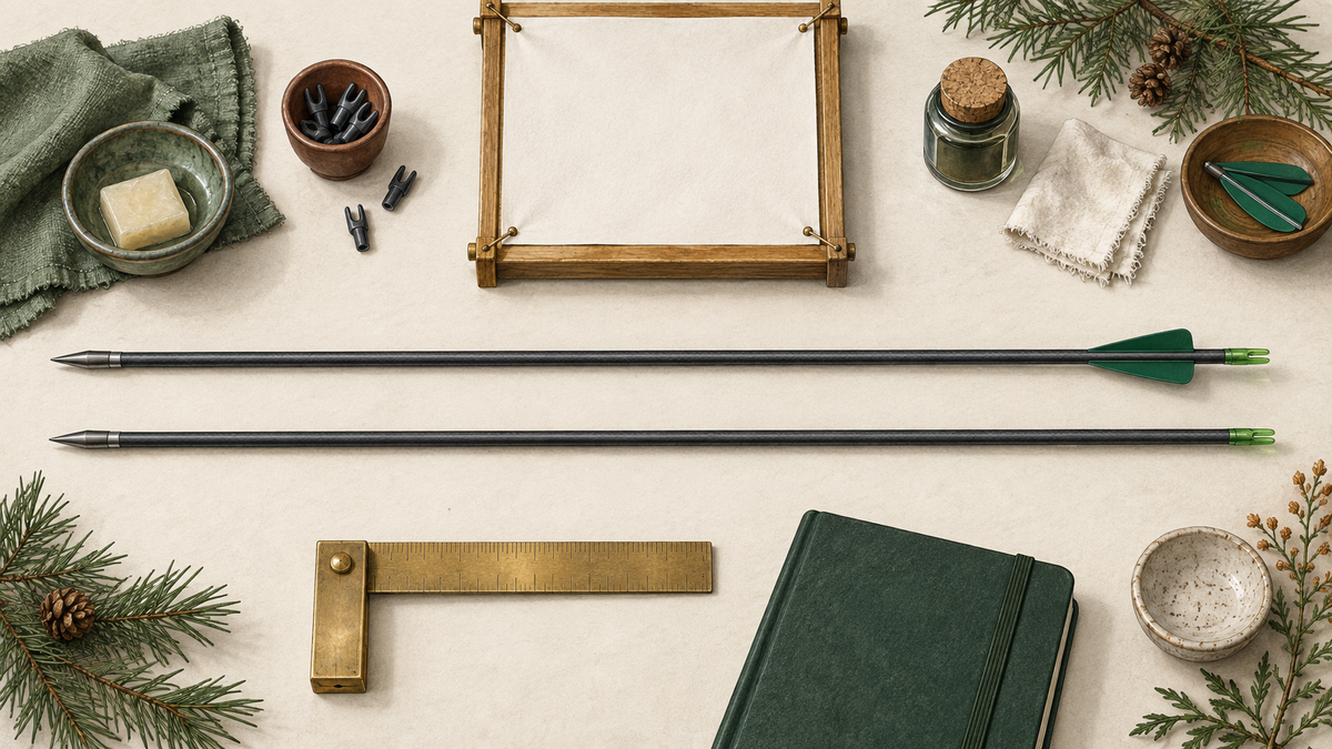 A matched fletched target arrow and bare shaft beside a paper frame and notebook.