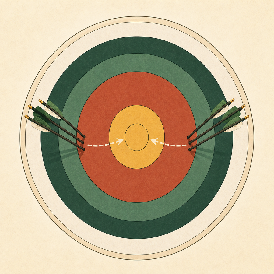 A target face with two arrow clusters, one left and one right of centre.