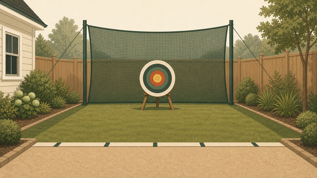 A backyard archery lane with a backstop net behind the target.