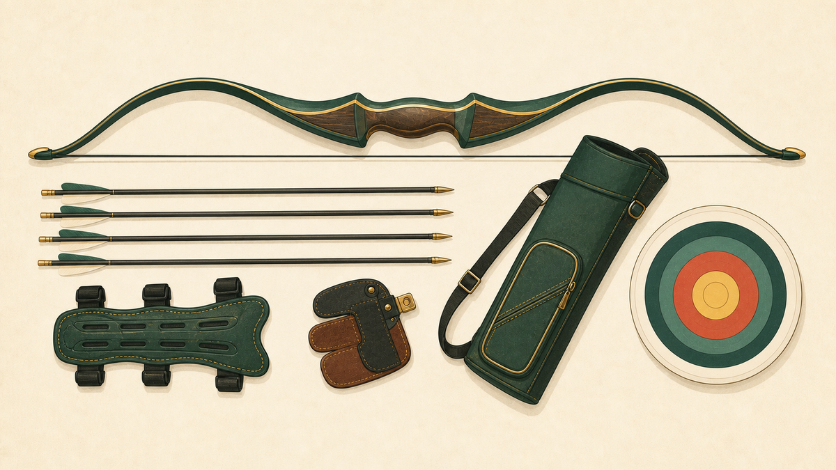 A neat flat-lay of beginner archery gear.