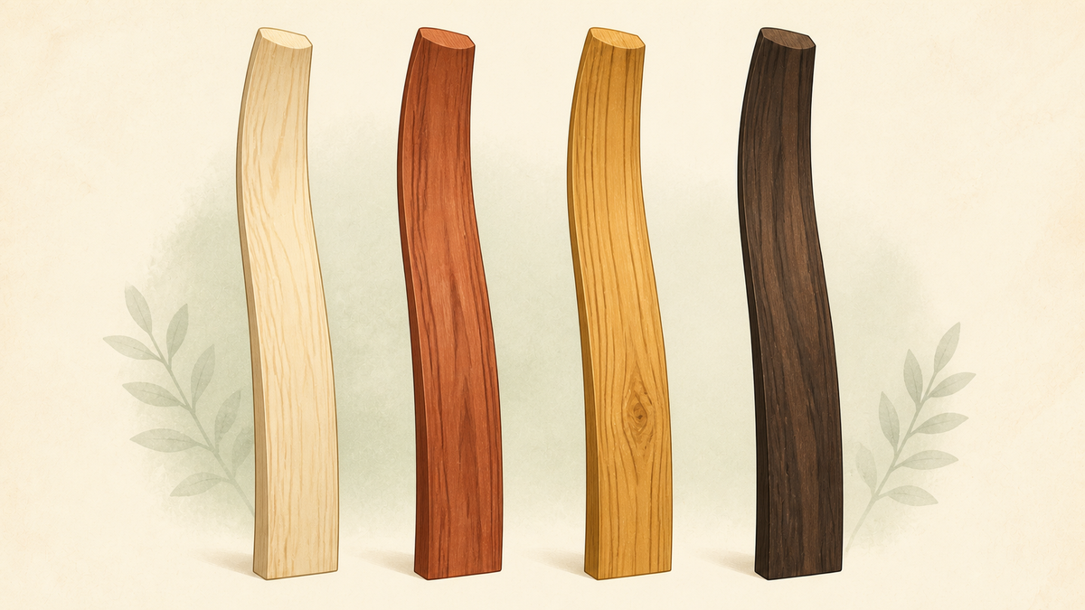 A row of bow-wood staves showing different grains.