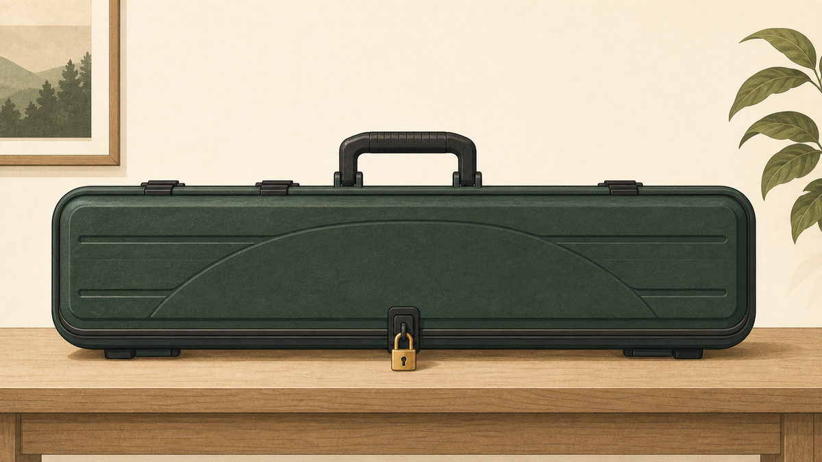 A bow and arrows stored securely in a locked case.