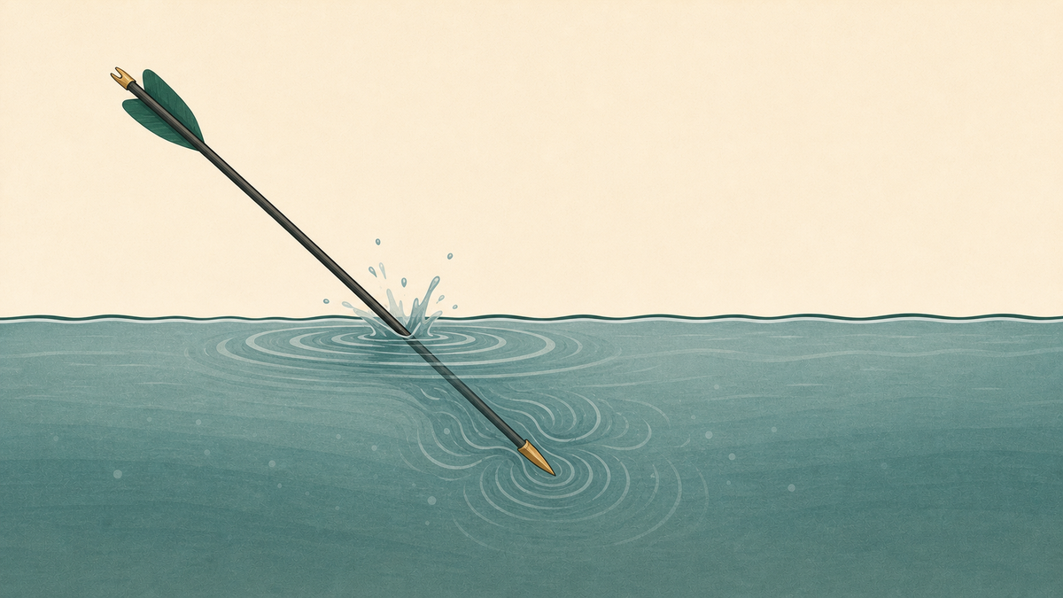 An arrow stalling quickly as it enters water.