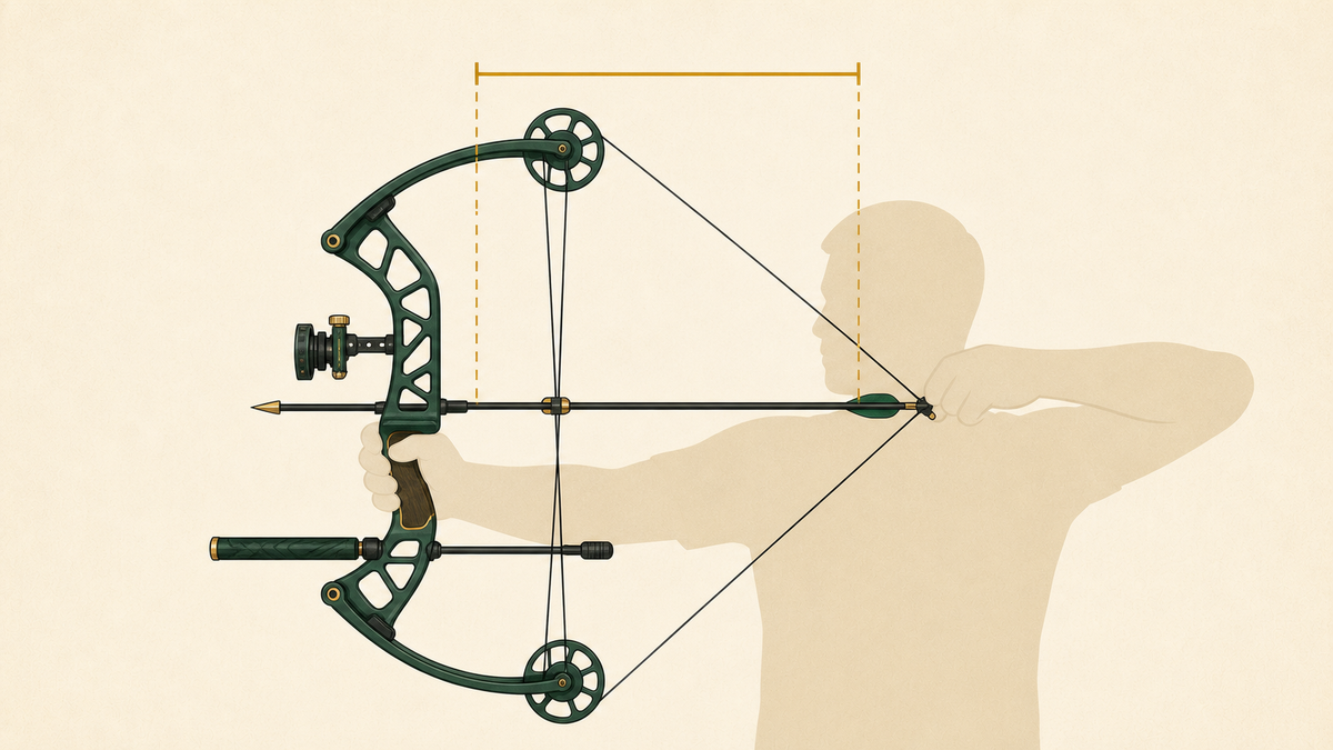 A compound bow with a draw-length fit indicator.