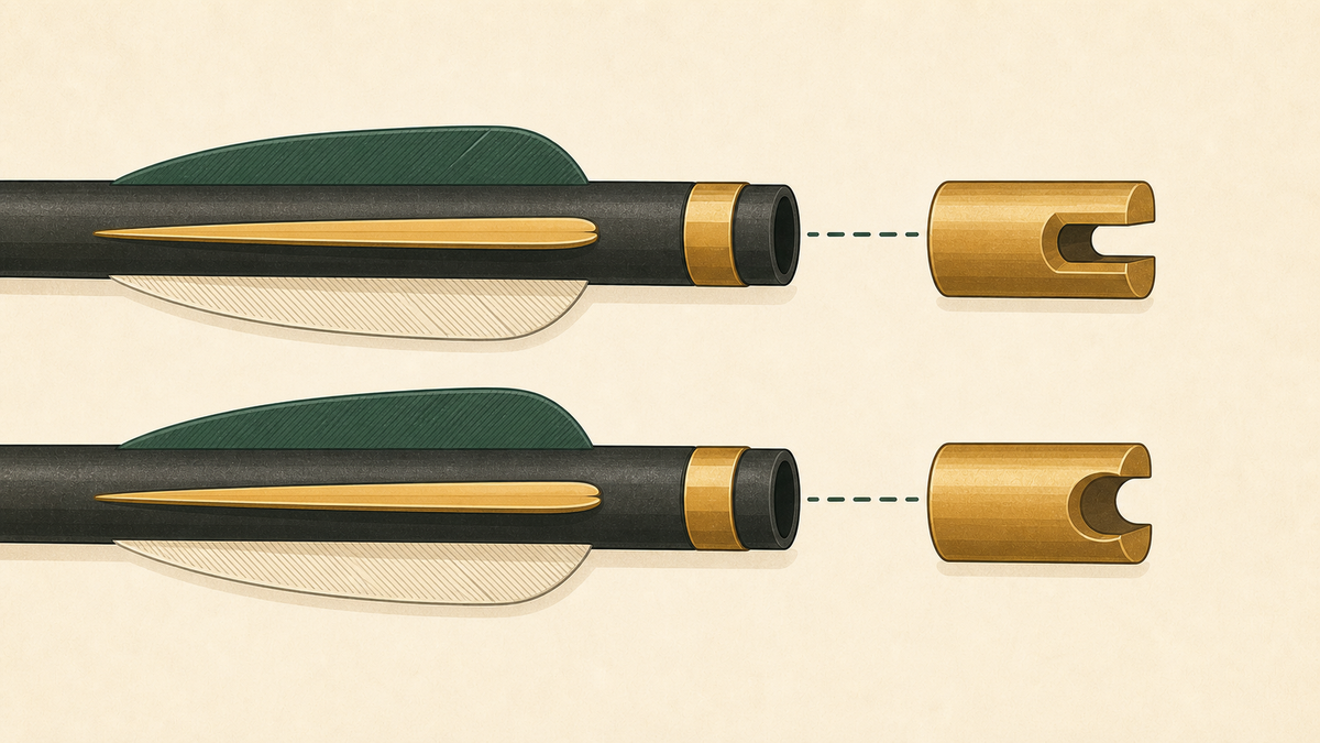 A crossbow bolt end comparing flat and half-moon nocks.