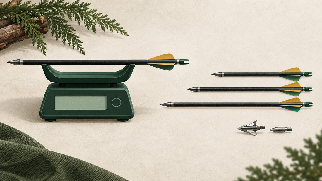 A crossbow bolt resting on a digital grain scale, with three bolts of different lengths and a broadhead and field point beside it.