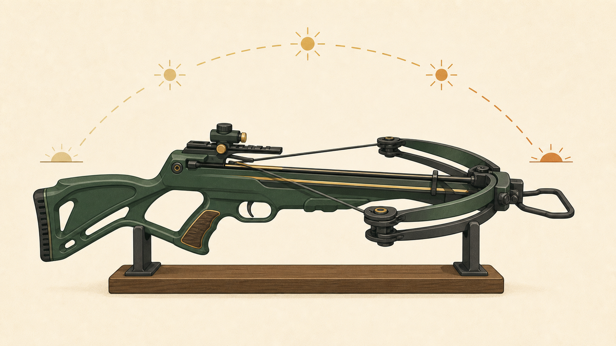 A cocked crossbow on a rest with a sun-arc motif suggesting elapsed time.