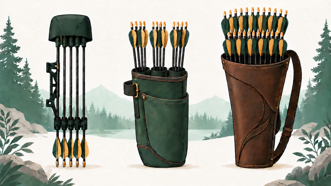 Three quivers side by side: a bow-mounted quiver holding a handful of arrows, a larger hip quiver, and a back quiver filled to the top.