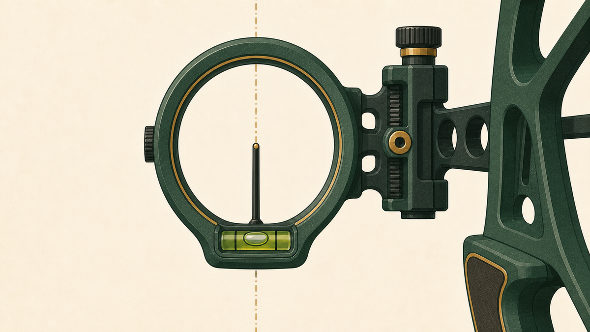 A bow sight with a bubble level and reference plumb line.
