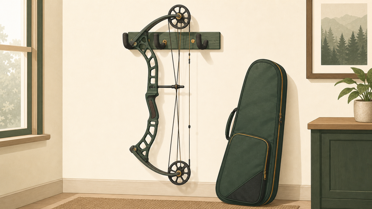 A compound bow resting on a padded wall rack in a cool, dry room.
