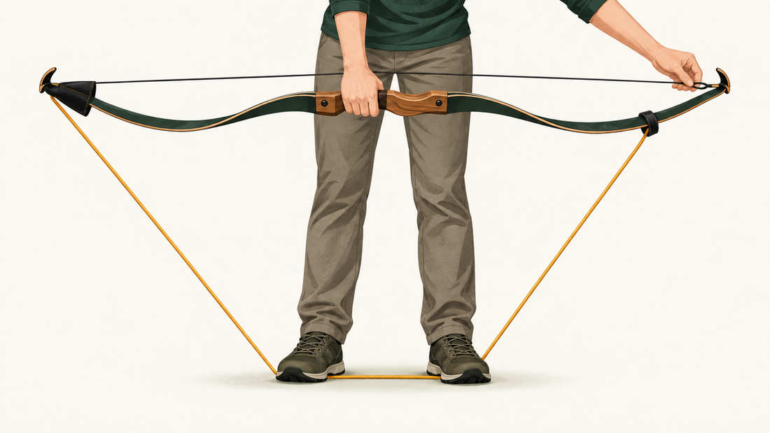 An archer standing on a bow stringer cord with the recurve held horizontally, the cord running from both limb tips down under both feet.