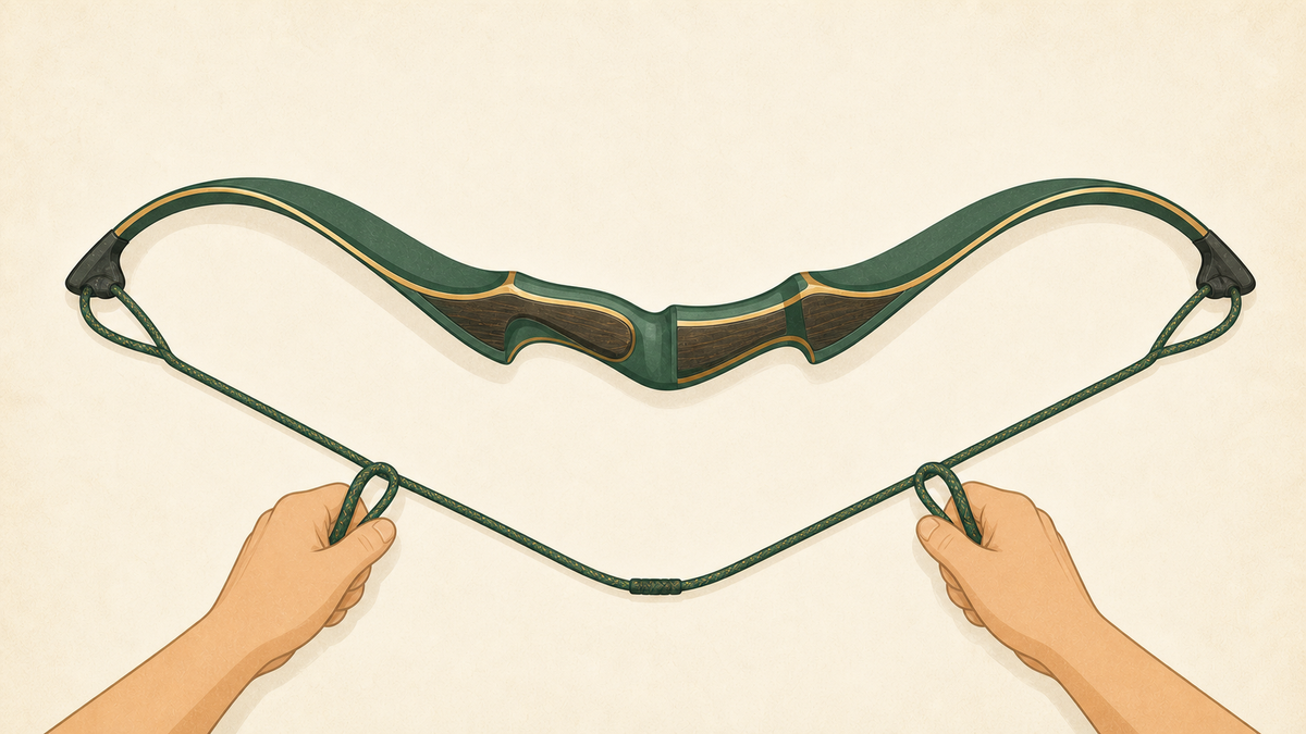 A recurve bow being unstrung with a bow stringer and two hands.