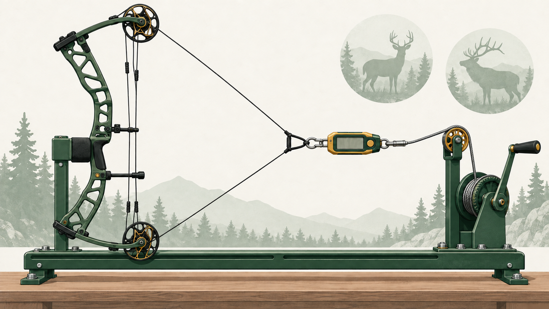 A compound bow secured on a draw board with an inline draw-weight scale, with faint deer and elk silhouettes in the background.