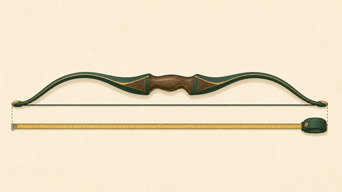 A recurve bow measured along its length with a tape.