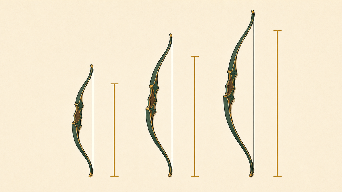 Three recurve bows sized to increasing archer heights.