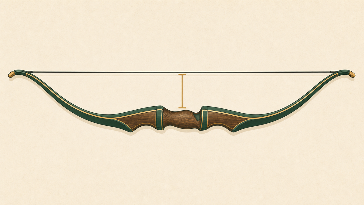 A recurve bow showing brace height and string length.