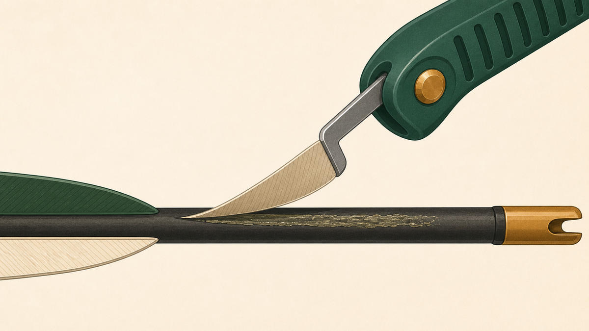 Removing an old vane from a carbon arrow shaft with a tool.